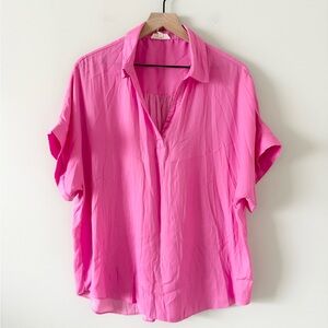 Ee:some Satin Draped Short Sleeve Blouse in Bright Pink Size L